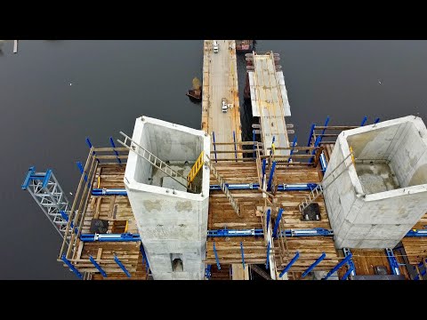 Видео: Новый вантовый мост Строящийся Мост Запорожье. Хортицкая сторона. Пилоны. Левобережные развязки