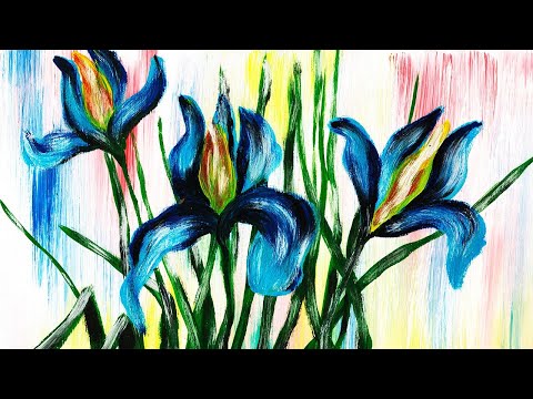 Видео: Как нарисовать ирисы гуашью. Рисуем цветы легко. Интерьерная картина. Пейзаж гуашью. Рисуем лето.