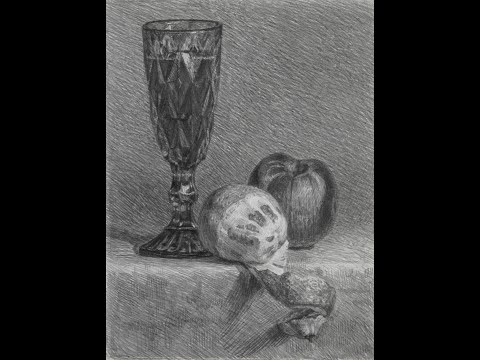 Видео: Как нарисовать простой натюрморт карандашом (лимон, персик, бокал).