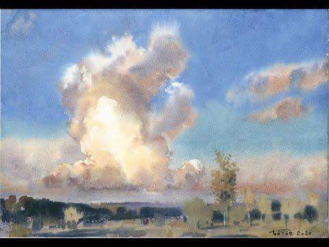 Видео: Кучевое облако акварелью. Cumulus cloud in watercolor