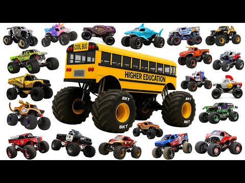 Видео: Монстр-траки для детей 🚚 Узнайте о Мегалодоне, El Toro Loco, School Bus, Earth Shaker и многом др...