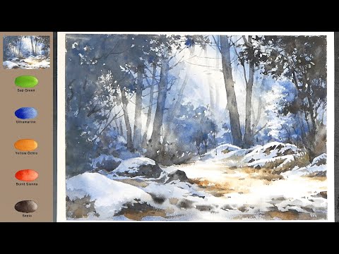 Видео: Без эскиза Пейзаж акварелью -Зимнее утро (3x скорость, просмотр названий цветов)