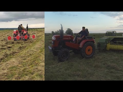 Видео: Ворошение, сгребание , тюкование сена. Пресс-подборщик John Deere 330. Мини трактор Shifeng SF 354