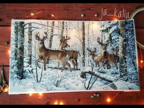 Видео: Готовая работа Dimensions 35130, Зима в лесу (Олени, Зимний лес, Woodland Winter)\вышивка крестом