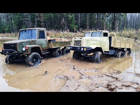 Видео: Какой грузовик КРУЧЕ? ... Проверяем ГАЗ 6х6 и КРАЗ 6х6 на бездорожье ... RC OFFroad