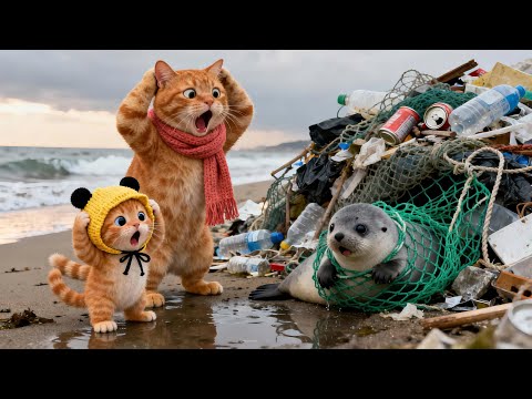 Видео: Мама-кошка и рыжий котёнок очищают океан 🌊🐾 | Давайте вместе защитим нашу прекрасную планету ♻️