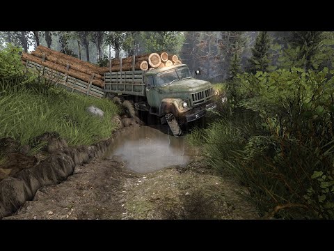 Видео: Бортовой ЗИЛ 131 с фургоном везет лес по бездорожью. Карте "Побережье". Spintires