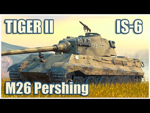 Видео: Tiger II, ИС-6 & M26 Pershing • WoT Blitz Gameplay
