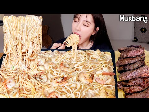 Видео: Спечистые креветные макароны и стейк говяди  ㅣREAL MUKBANG▶EATINGSHOWㅣREAL SOUNDㅣ ASMR MUKBANGㅣ