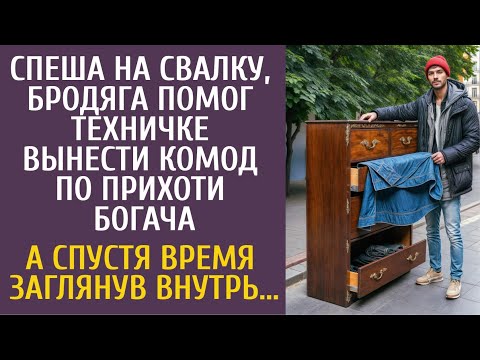 Видео: Спеша на свалку бродяга помог техничке вынести комод по прихоти шефа… А спустя время заглянув внутрь