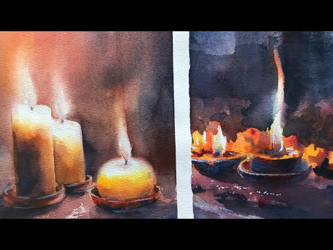 Видео: Свечи акварелью - рисуем просто и легко акварелью. МК по акварели. Watercolor painting tutorial