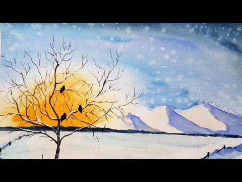 Видео: Как да нарисуваме Зимен пейзаж с акварел