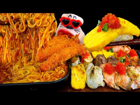 Видео: креветки темпура рамен и различные суши АСМР шоу еды (субтитры)
