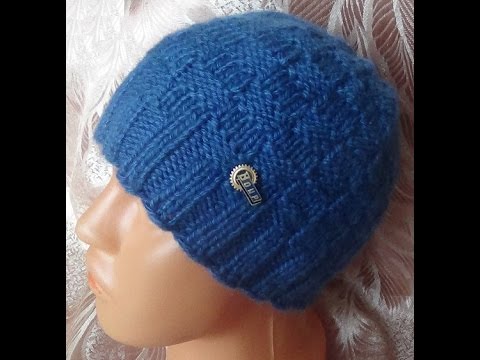 Видео: Мужская шапочка с шахматным узором. Men's hats knitting