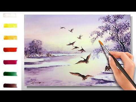 Видео: Зимний пейзаж с птицами 🎨АКРИЛ! Сезон 7-3 | Мастер-класс ДЕМО