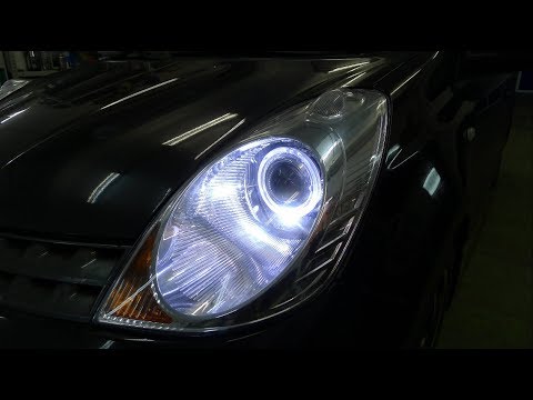 Видео: Ниссан Ноут светодиодные линзы Оптима в фарах  Тюнинг фар Nissan Note