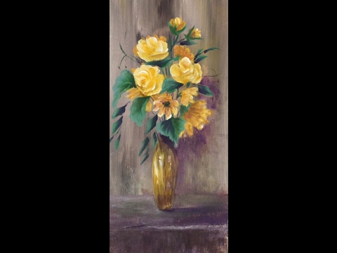 Видео: Желтые цветы акрилом. Рисуем вазу, фон, ромашки, розы.Flowers- roses, daisies, vase, in acrylic.