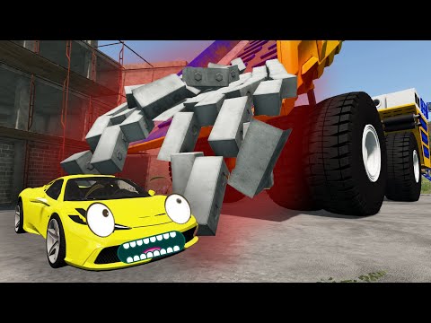 Видео: Сколько блоков может перевезти Белаз? Гоша и Чич на стройке. Аварии машин в игре Бименджи драйв.