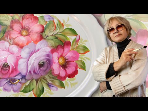 Видео: Жостово. Роспись подноса на белом фоне. Мастер-класс по Жостовской росписи от Ларисы Гончаровой