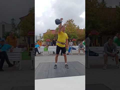 Видео: Рывок гири 24 кг за 10 мин-130 правая (7 мин) + 61 левая (3 мин)=191 раз.