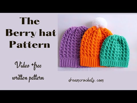 Видео: Как связать крючком простую текстурированную шапочку | Вязаная крючком шапка-ягодка.