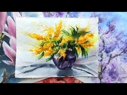 Видео: Мимоза акварелью - рисуем просто и легко. Окрытка к 8 марта акварелью. Watercolor painting tutorial