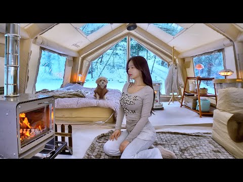 Видео: ❄️Надувная палатка в заснеженной горе с теплым камином|Коктейль соджу