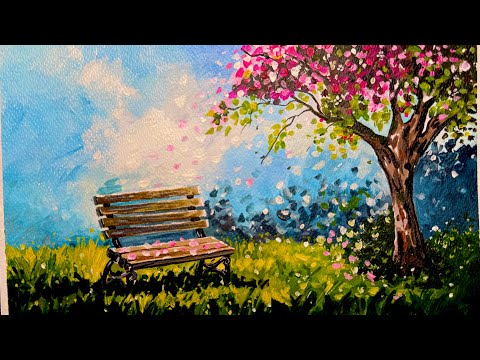 Видео: Спокойная и романтичная 🌸 картина акрилом | Скамейка и цветущее дерево