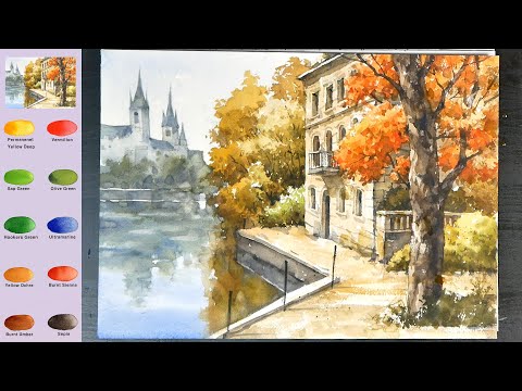 Видео: Пейзаж акварелью -Озерный пейзаж(3x скорость,Показать названия цветов)