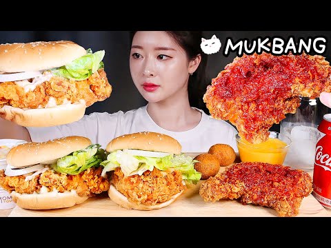 Видео: ASMR * Куриные гамбургеры, Острый жареный цыпленок, Сырные шарики, Сырный соус MUKBANG
