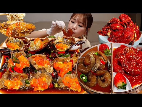 Видео: Sub)Real Mukbang- Острый маринованный краб, маринованный в соевом соусе краб🦀 Креветки🦐 Лапша🍜 ASMR