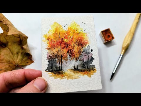 Видео: Урок по рисованию абстрактного осеннего дерева. Как нарисовать красивый пейзаж осеннего леса для ...