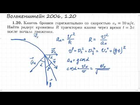 Видео: Камень брошен горизонтально, надо искать радиус кривизны траектории. (Волькенштейн 1.20)