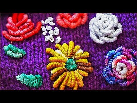 Видео: Вышивка на вязаных изделиях. Вышивка по трикотажу. Вышивка цветов.