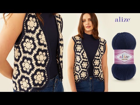 Видео: Жилет с шестиугольным мотивом из пряжи Alize Cotton Gold