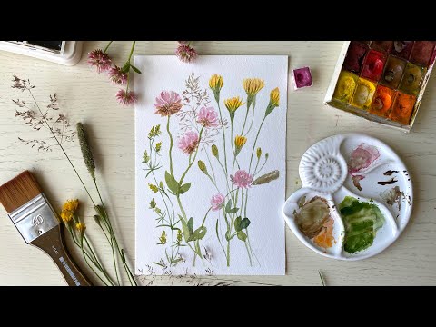 Видео: Скерда болотная и подмаренник северный. Рисуем букет цветов акварелью