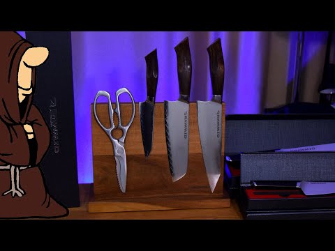 Видео: Набор Ножей RAWMID Luxury Ironwood, Кухонные ножницы, Магнитная подставка и пара ножей RAWMID Modern