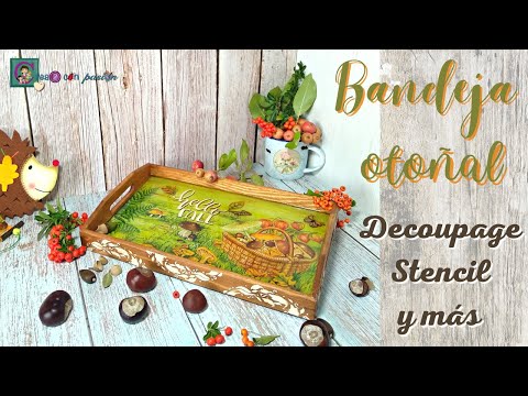 Видео: Деревянный поднос с декупажем трафаретом и тиснением. Окрашивание с помощью кофе в деревенском стиле