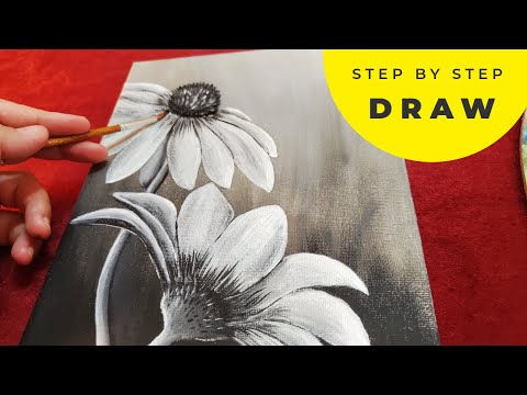 Видео: Серые ромашки — акриловый рисунок в спокойных тонах / шаг за шагом
