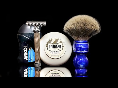 Видео: Бритьё. PEARL SHD-21S OPEN COMB, Dscosmetic 24мм Silvertip, Proraso, ARKO, Zorik