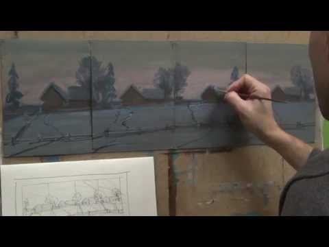 Видео: Зима пейзаж маслом. Пишем снег, небо и домики