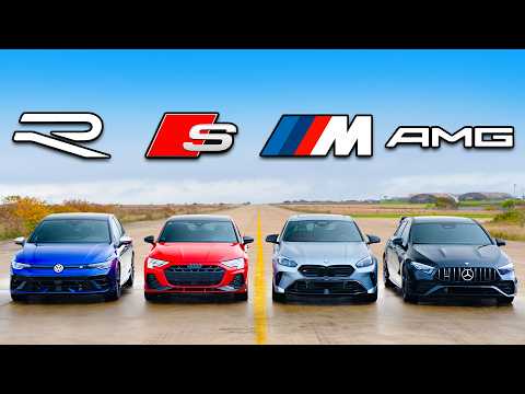 Видео: Кто победит в заезде:  новый VW Golf R или BMW M135 или Audi S3 или же AMG A35?