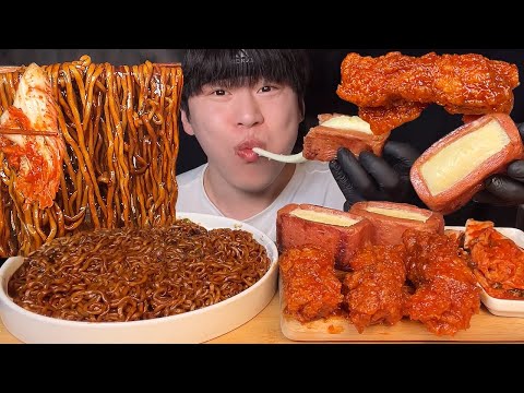Видео: SUB) Корейские острые чапагетти, сырный спам и курица янгнём мукбанг asmr