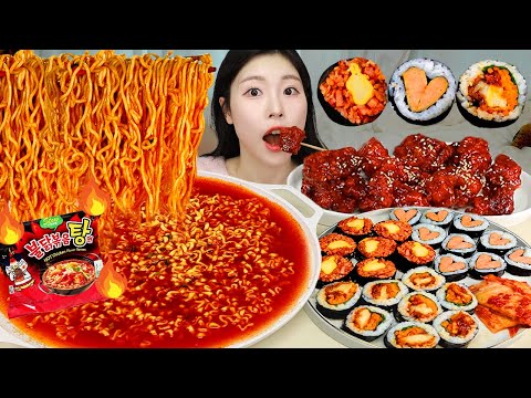 Видео: АСМР МУКБАНГ | БУЛДАК Огонь острый рамен, кимбап (спам, кисло-сладкая курица, сыр кимчи, рис).