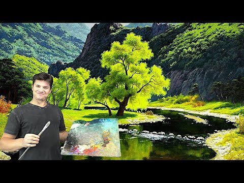 Видео: Река в горах ► как рисовать маслом отражение, воду, горы, деревья