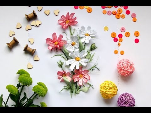 Видео: Букет КОСМЕИ: Вышивка лентами / Chamomile embroidered with satin ribbon