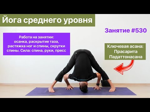 Видео: Йога. Средний уровень. Осанка, растяжка таза, ног, спины, сила рук, пресса, спины (занятие №530)