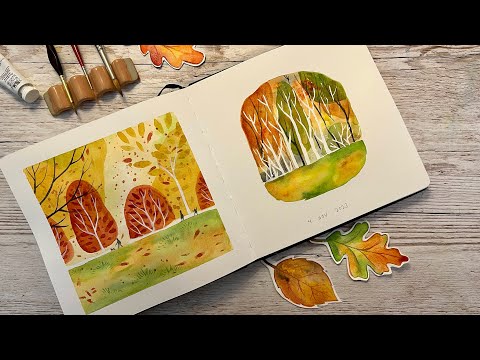 Видео: Учебник по акварели, рисование осеннего пейзажа, рисование в скетчбуке