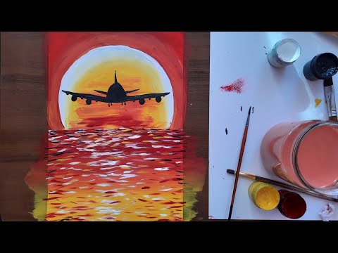 Видео: Простой рисунок гуашью ! Самолёт на рассвете