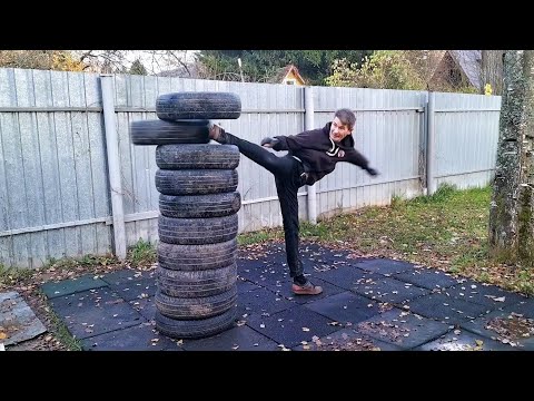 Видео: Очень сложное упражнение! Выбить шину ударом ноги, и продолжить атаку. День 58.